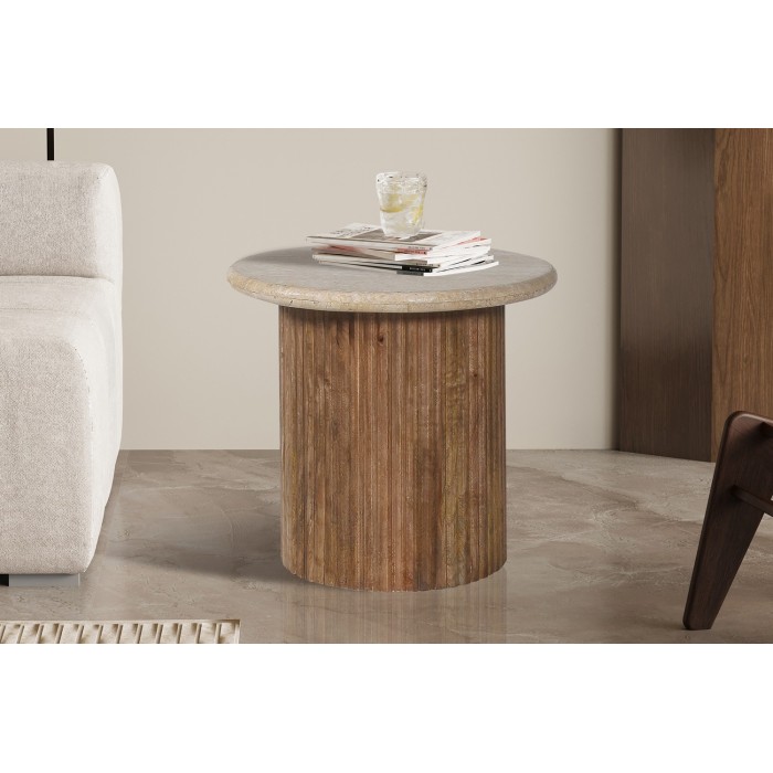 Table basse MAELORA – Table basse ronde Ø50 cm – Bois de manguier & travertin – Design naturel et élégant 