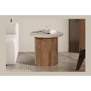 Table basse MAELORA – Table basse ronde Ø50 cm – Bois de manguier & travertin – Design naturel et élégant 