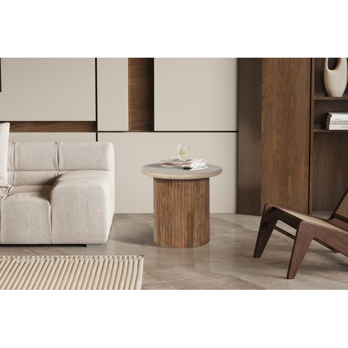 Table basse MAELORA – Table basse ronde Ø50 cm – Bois de manguier & travertin – Design naturel et élégant 