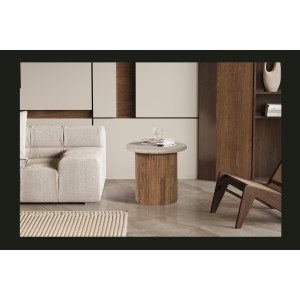 Table basse MAELORA – Table basse ronde Ø50 cm – Bois de manguier & travertin – Design naturel et élégant 