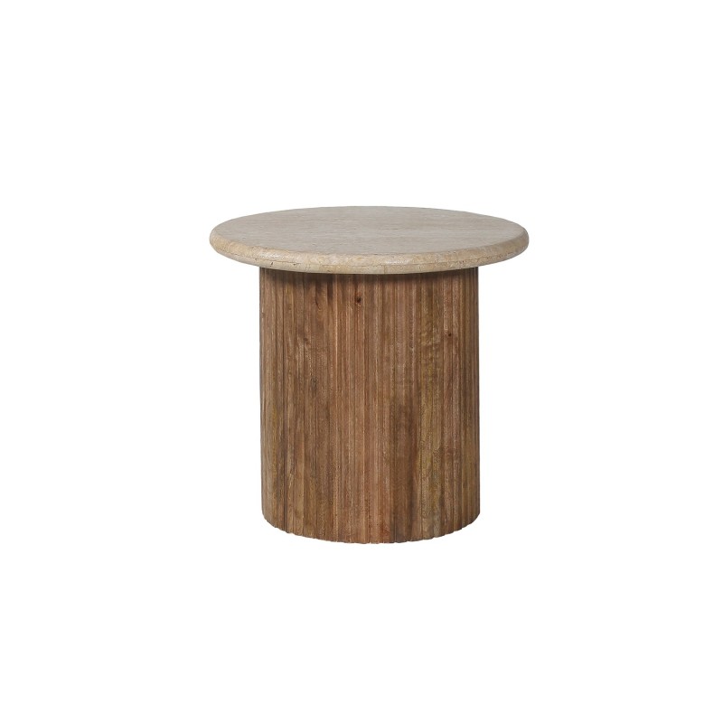 Table basse MAELORA – Table basse ronde Ø50 cm – Bois de manguier & travertin – Design naturel et élégant