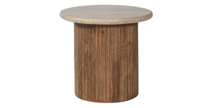 Table basse MAELORA – Table basse ronde Ø50 cm – Bois de manguier & travertin – Design naturel et élégant