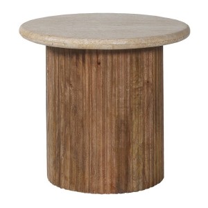 Table basse MAELORA – Table basse ronde Ø50 cm – Bois de manguier & travertin – Design naturel et élégant