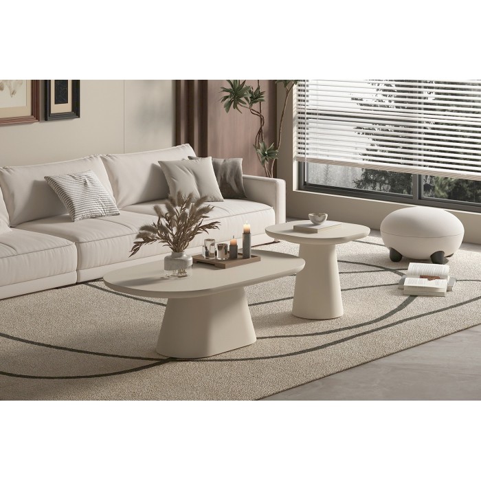 Table basse TARAVI – Table basse rectangulaire 120x70 cm – Finition ciment beige – Design contemporain et naturel 