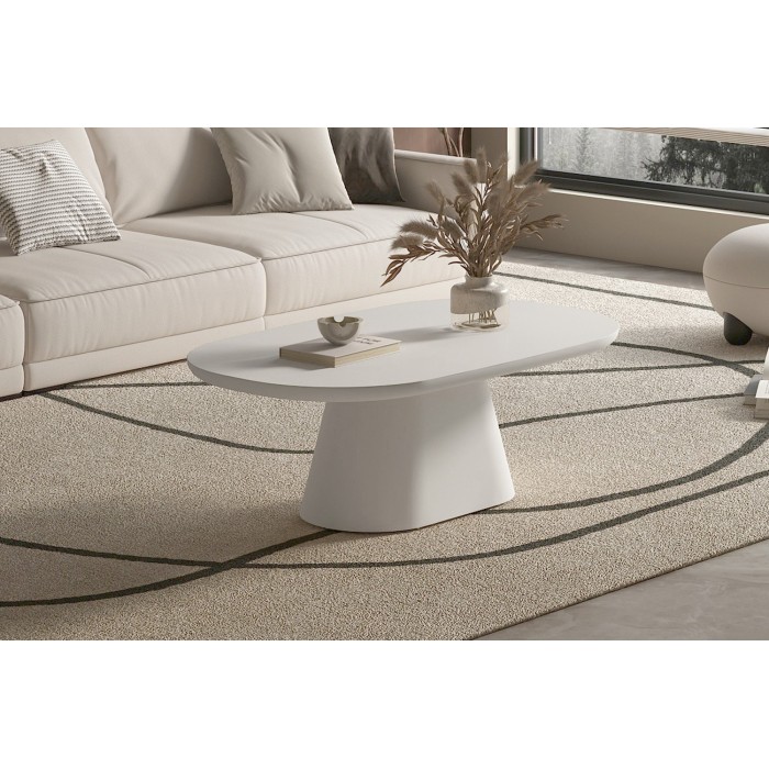 Table basse TARAVI – Table basse rectangulaire 120x70 cm – Finition ciment blanc – Style moderne et lumineux 