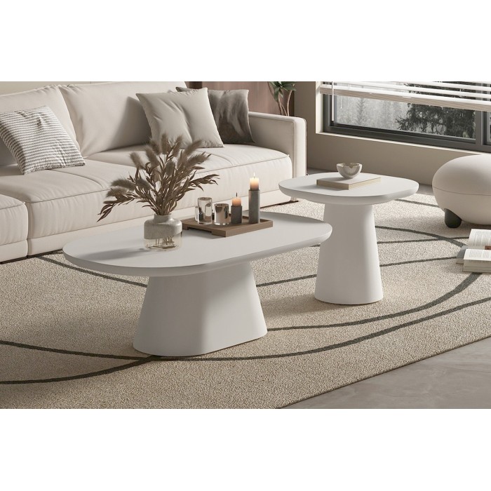 Table basse TARAVI – Table basse rectangulaire 120x70 cm – Finition ciment blanc – Style moderne et lumineux 