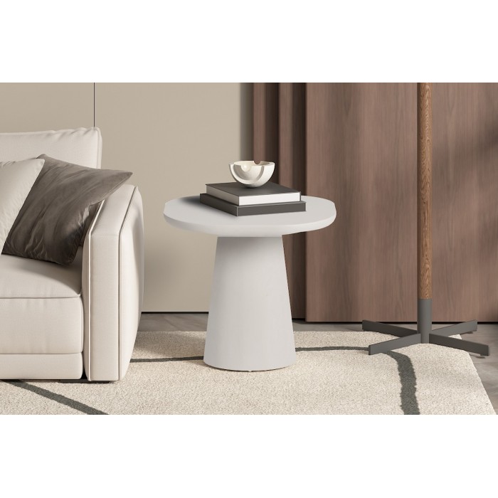 Table basse TARAVI – Table basse ronde Ø55 cm – Finition ciment blanc – Design lumineux et moderne