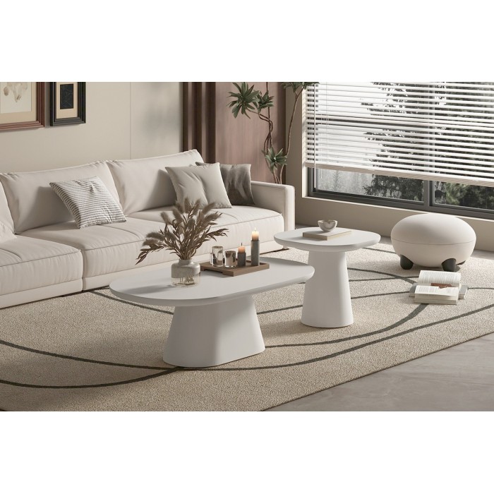 Table basse TARAVI – Table basse ronde Ø55 cm – Finition ciment blanc – Design lumineux et moderne 