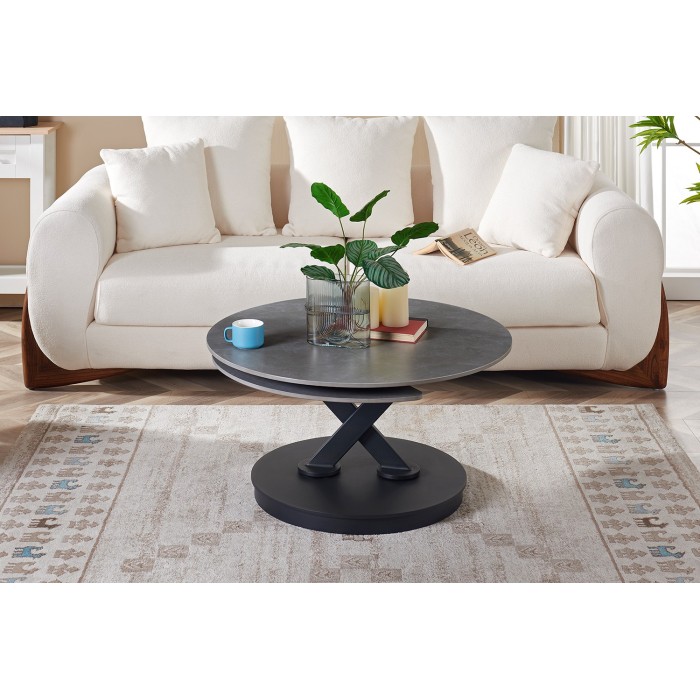 Table basse VIRELLO – Table basse ronde Ø85 cm – Pierre naturelle gris clair & métal – Design haut de gamme 