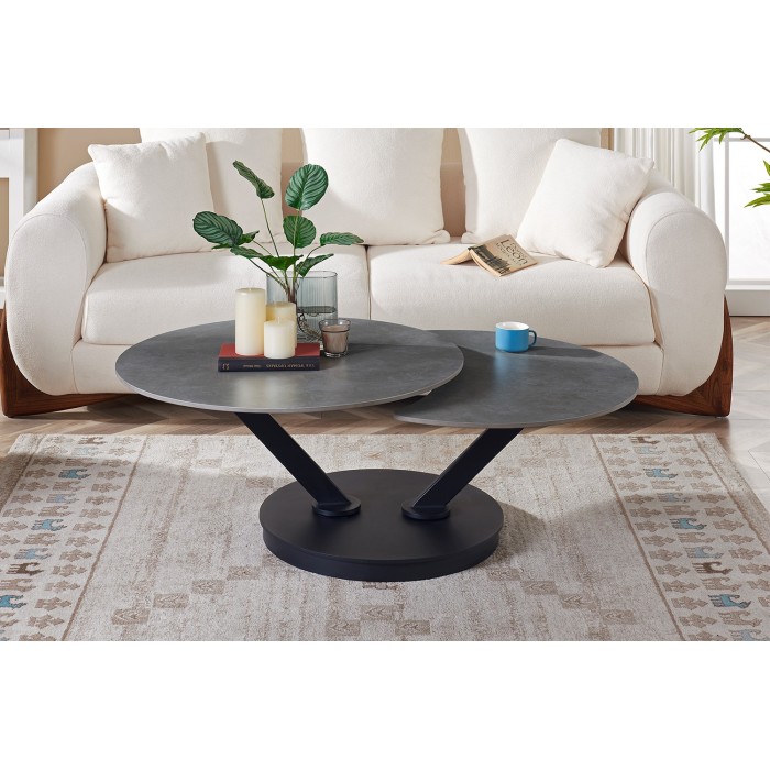 Table basse VIRELLO – Table basse ronde Ø85 cm – Pierre naturelle gris clair & métal – Design haut de gamme 