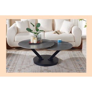 Table basse VIRELLO – Table basse ronde Ø85 cm – Pierre naturelle gris clair & métal – Design haut de gamme 