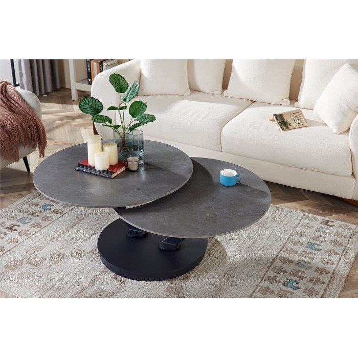 Table basse VIRELLO – Table basse ronde Ø85 cm – Pierre naturelle gris clair & métal – Design haut de gamme 