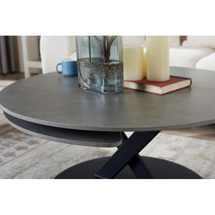 Table basse VIRELLO – Table basse ronde Ø85 cm – Pierre naturelle gris clair & métal – Design haut de gamme 