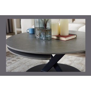 Table basse VIRELLO – Table basse ronde Ø85 cm – Pierre naturelle gris clair & métal – Design haut de gamme 