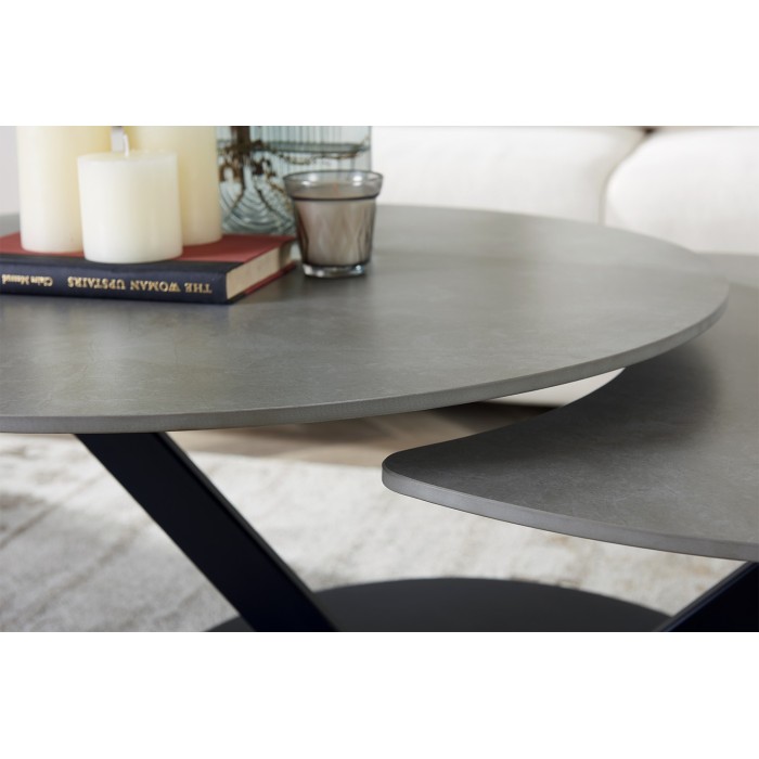 Table basse VIRELLO – Table basse ronde Ø85 cm – Pierre naturelle gris clair & métal – Design haut de gamme 