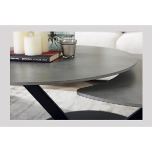 Table basse VIRELLO – Table basse ronde Ø85 cm – Pierre naturelle gris clair & métal – Design haut de gamme 