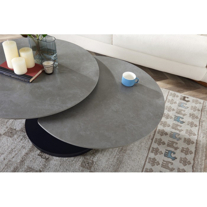 Table basse VIRELLO – Table basse ronde Ø85 cm – Pierre naturelle gris clair & métal – Design haut de gamme 