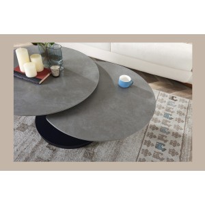 Table basse VIRELLO – Table basse ronde Ø85 cm – Pierre naturelle gris clair & métal – Design haut de gamme 