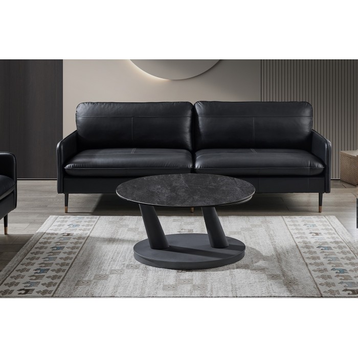 Table basse VIRELLO – Table basse ronde Ø80 cm – Pierre naturelle gris foncé & métal – Design contemporain et robuste 