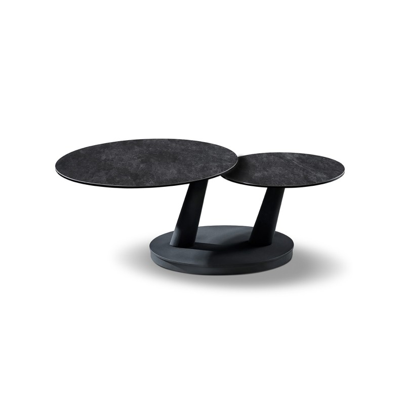 Table basse VIRELLO – Table basse ronde Ø80 cm – Pierre naturelle gris foncé & métal – Design contemporain et robuste