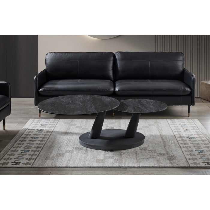 Table basse VIRELLO – Table basse ronde Ø80 cm – Pierre naturelle gris foncé & métal – Design contemporain et robuste 