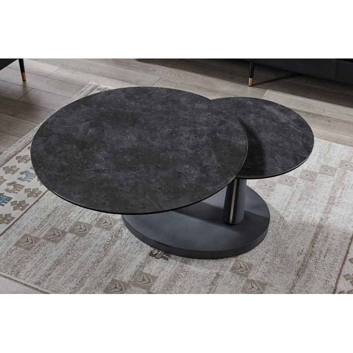 Table basse VIRELLO – Table basse ronde Ø80 cm – Pierre naturelle gris foncé & métal – Design contemporain et robuste 