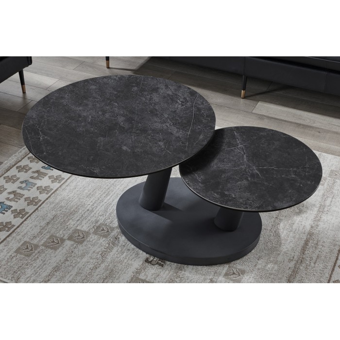 Table basse VIRELLO – Table basse ronde Ø80 cm – Pierre naturelle gris foncé & métal – Design contemporain et robuste 