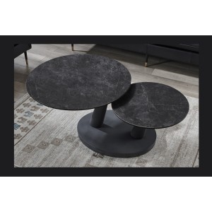 Table basse VIRELLO – Table basse ronde Ø80 cm – Pierre naturelle gris foncé & métal – Design contemporain et robuste 