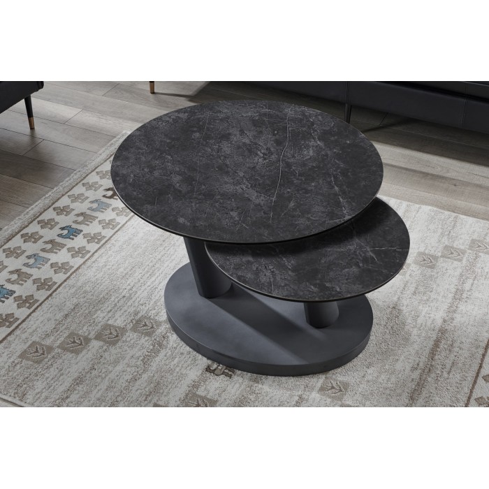 Table basse VIRELLO – Table basse ronde Ø80 cm – Pierre naturelle gris foncé & métal – Design contemporain et robuste 