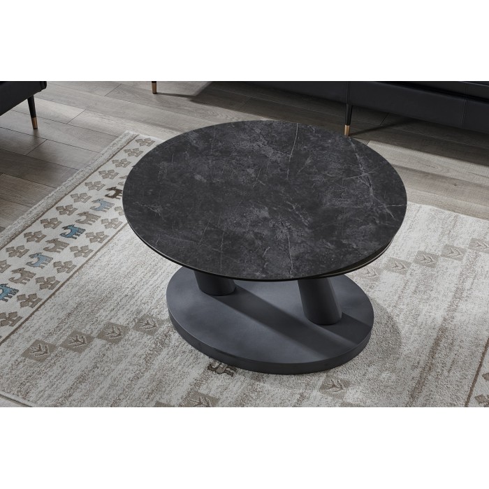 Table basse VIRELLO – Table basse ronde Ø80 cm – Pierre naturelle gris foncé & métal – Design contemporain et robuste 