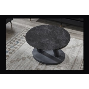 Table basse VIRELLO – Table basse ronde Ø80 cm – Pierre naturelle gris foncé & métal – Design contemporain et robuste 