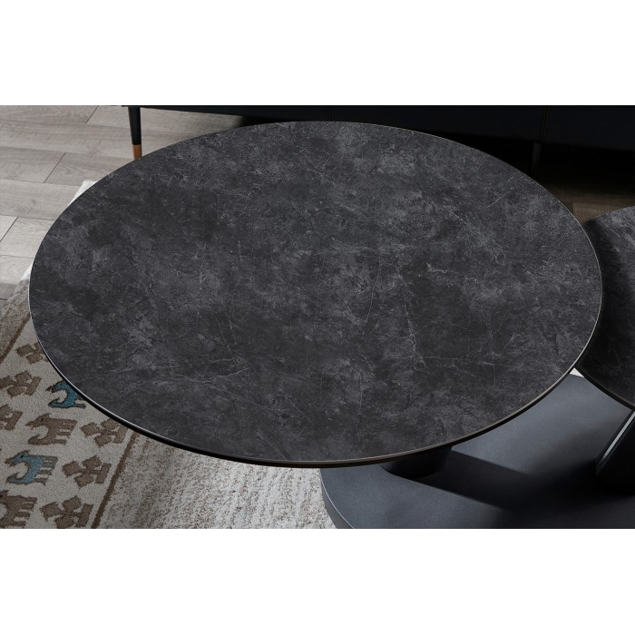 Table basse VIRELLO – Table basse ronde Ø80 cm – Pierre naturelle gris foncé & métal – Design contemporain et robuste 