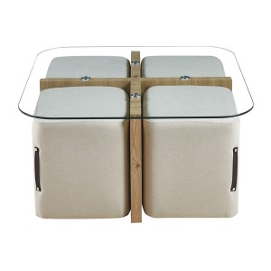 Table basse QUADORA – Carrée 90x90 cm – Verre & chêne vieilli – Avec 4 poufs blancs – Design pratique et élégant