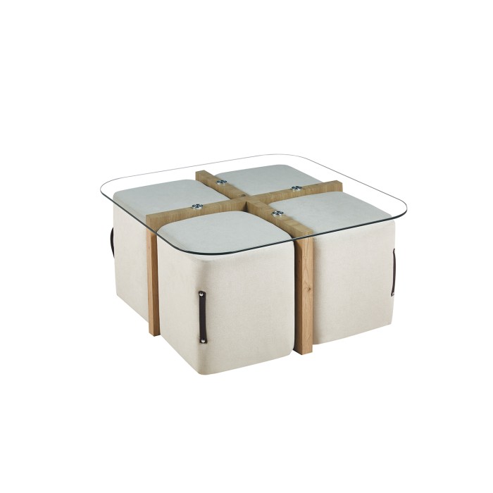 Table basse QUADORA – Carrée 90x90 cm – Verre & chêne vieilli – Avec 4 poufs blancs – Design pratique et élégant