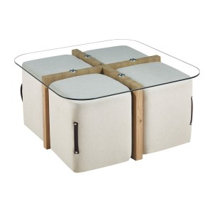 Table basse QUADORA – Carrée 90x90 cm – Verre & chêne vieilli – Avec 4 poufs blancs – Design pratique et élégant