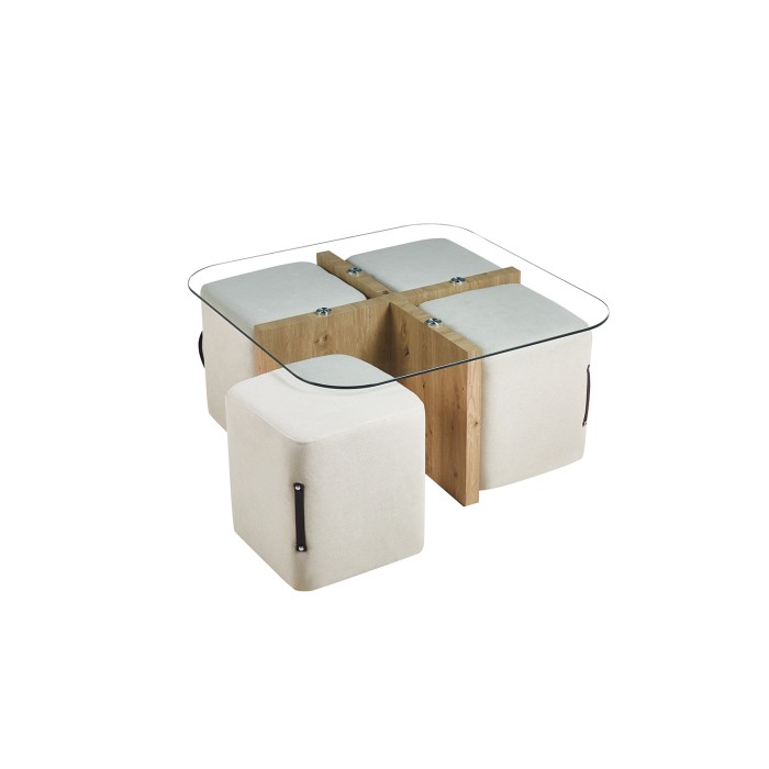 Table basse QUADORA – Carrée 90x90 cm – Verre & chêne vieilli – Avec 4 poufs blancs – Design pratique et élégant
