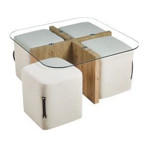 Table basse QUADORA – Carrée 90x90 cm – Verre & chêne vieilli – Avec 4 poufs blancs – Design pratique et élégant