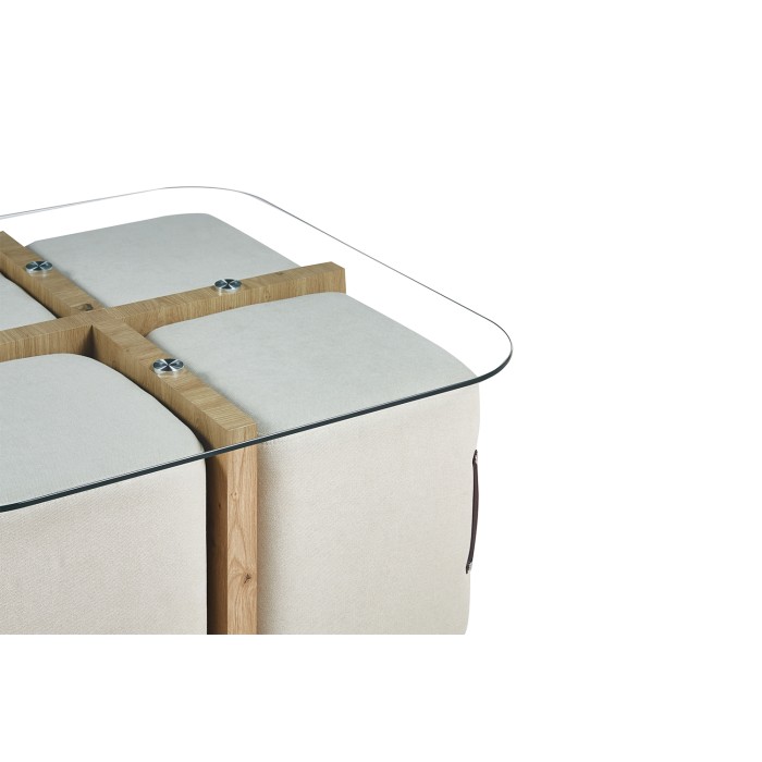 Table basse QUADORA – Carrée 90x90 cm – Verre & chêne vieilli – Avec 4 poufs blancs – Design pratique et élégant