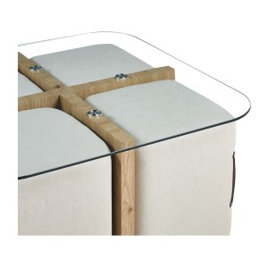 Table basse QUADORA – Carrée 90x90 cm – Verre & chêne vieilli – Avec 4 poufs blancs – Design pratique et élégant