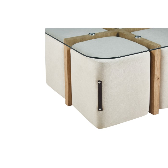 Table basse QUADORA – Carrée 90x90 cm – Verre & chêne vieilli – Avec 4 poufs blancs – Design pratique et élégant