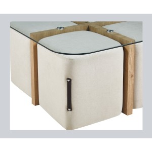 Table basse QUADORA – Carrée 90x90 cm – Verre & chêne vieilli – Avec 4 poufs blancs – Design pratique et élégant