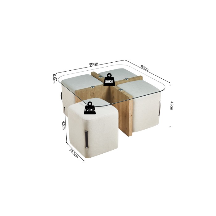 Table basse QUADORA – Carrée 90x90 cm – Verre & chêne vieilli – Avec 4 poufs blancs – Design pratique et élégant