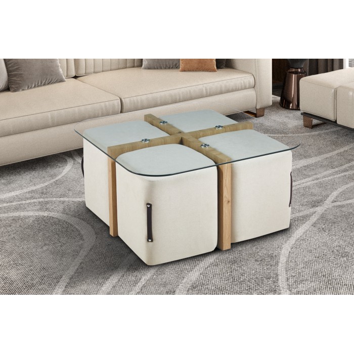 Table basse QUADORA – Carrée 90x90 cm – Verre & chêne vieilli – Avec 4 poufs blancs – Design pratique et élégant