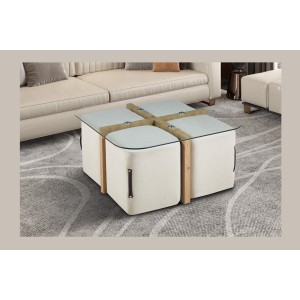 Table basse QUADORA – Carrée 90x90 cm – Verre & chêne vieilli – Avec 4 poufs blancs – Design pratique et élégant