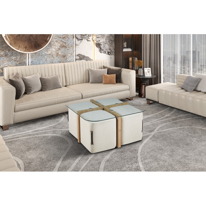 Table basse QUADORA – Carrée 90x90 cm – Verre & chêne vieilli – Avec 4 poufs blancs – Design pratique et élégant