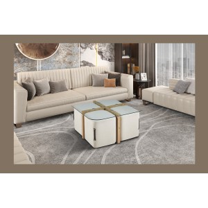 Table basse QUADORA – Carrée 90x90 cm – Verre & chêne vieilli – Avec 4 poufs blancs – Design pratique et élégant