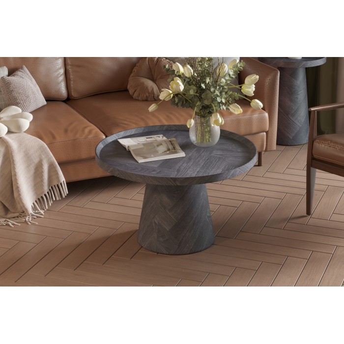 Table basse ronde collection CARVELA – Décor gris foncé – Bord relevé – D80 x H47 cm
