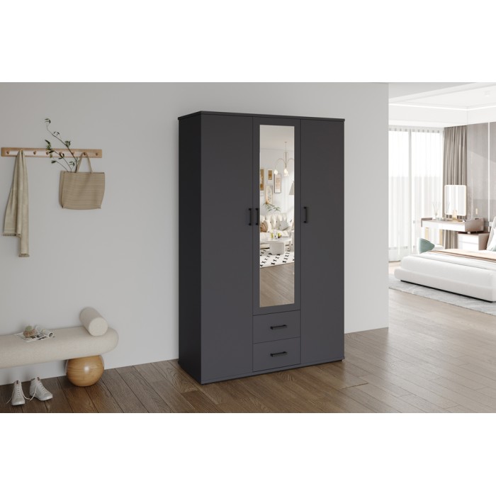 Armoire TOM – 3 portes – Coloris gris anthracite – Penderie + étagères – L120 cm – Design