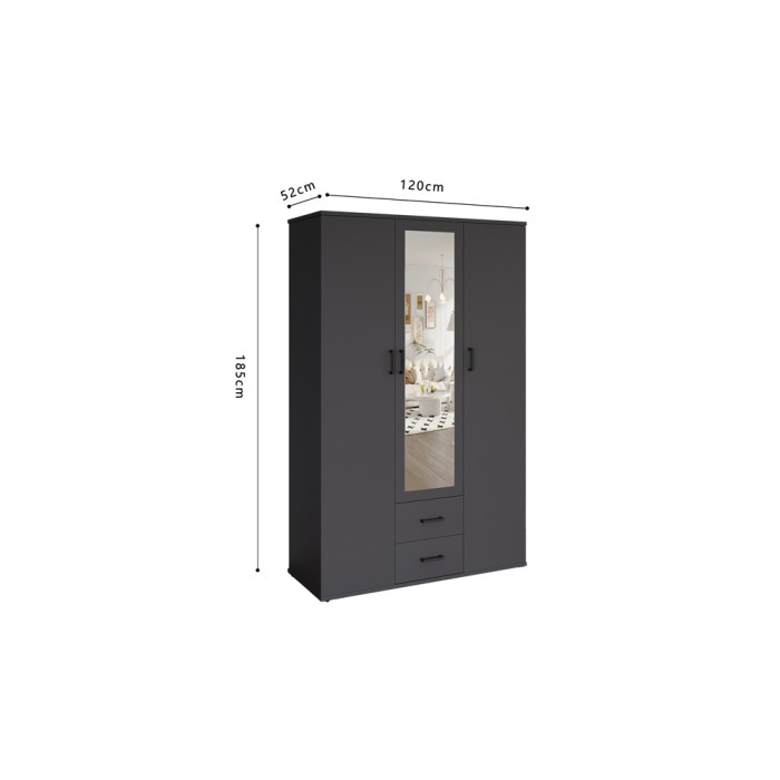 Armoire TOM – 3 portes – Coloris gris anthracite – Penderie + étagères – L120 cm – Design