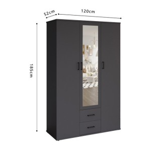 Armoire TOM – 3 portes – Coloris gris anthracite – Penderie + étagères – L120 cm – Design